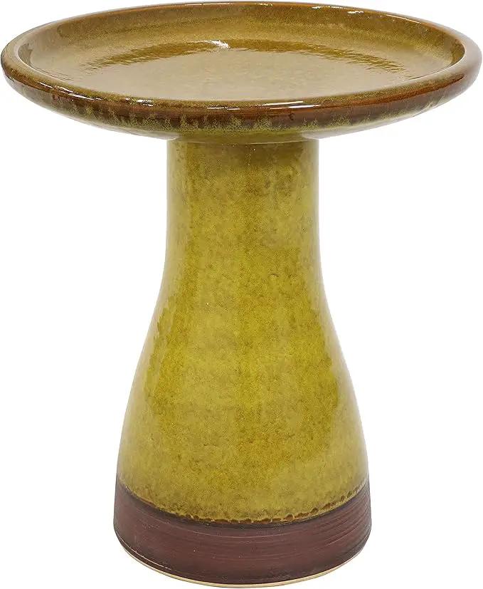 Sunnydaze 21" H Ceramic Bird Bath for Outside - Hand-Painted Outdoor Bird Bath Bowl, UV/Frost-Resistant Finish - Cognac Yellow - Ribbed Pedestal by GreenHaven Gardens