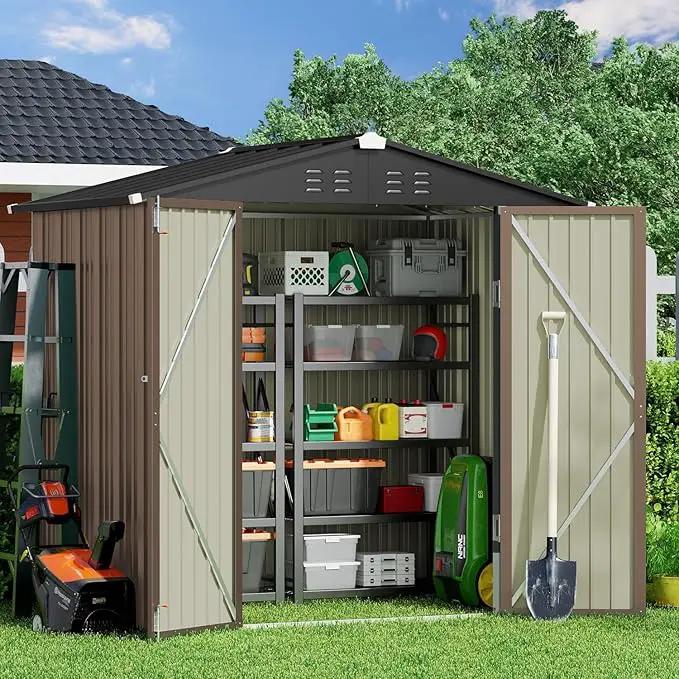 Gizoon Outdoor Storage Shed 6 x 4 FT, Galvanized Metal Garden Shed with Double Lockable Doors, Outdoor Storage Clearance for Backyard Patio Lawn-Light Brown by GreenHaven Gardens