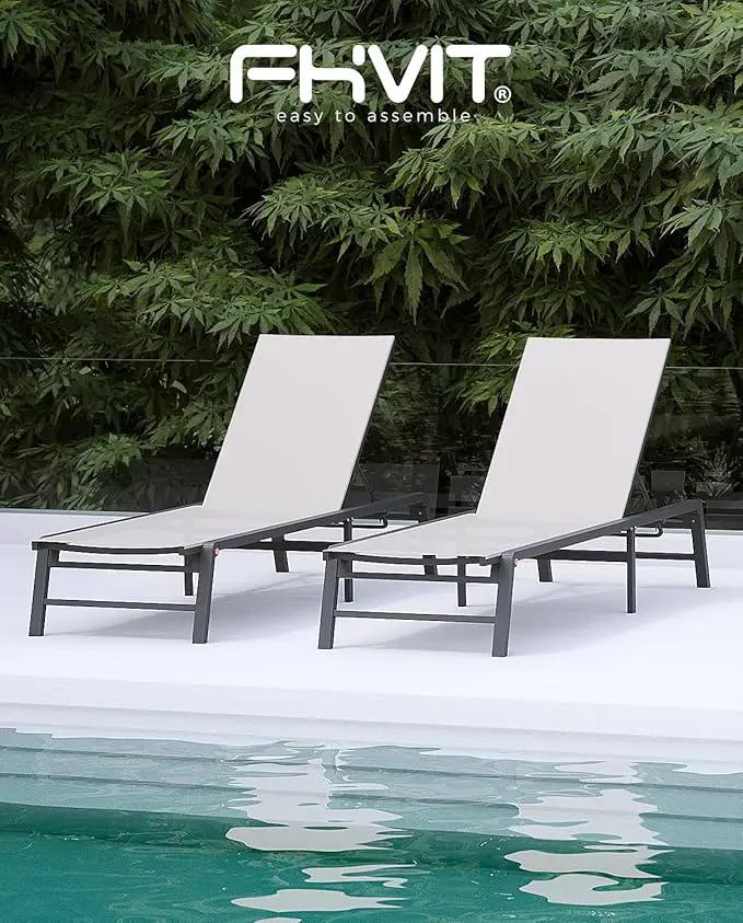 Aluminum Chaise Lounge Chair Outdoor, Foldable Patio Lounge Chair 2 Sets Assemble-Free, Pool Lounge Chairs with 5 Adjustable Backrest, Outdoor Lounge Chairs for Outside Poolside Beach Lawn Beige by GreenHaven Gardens