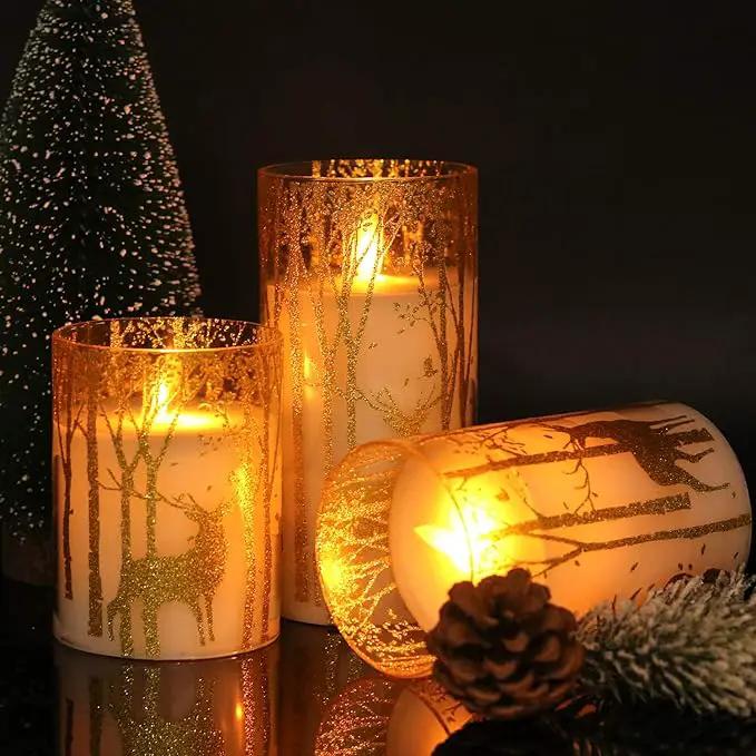 Christmas Deer Flameless Candles with Remote Timer, Glass Battery Operated Pillar Candles with Gold Elk Decor, LED Flickering Candles with 3D Wick and Real Wax for Winter Christmas Home Decor by GreenHaven Gardens