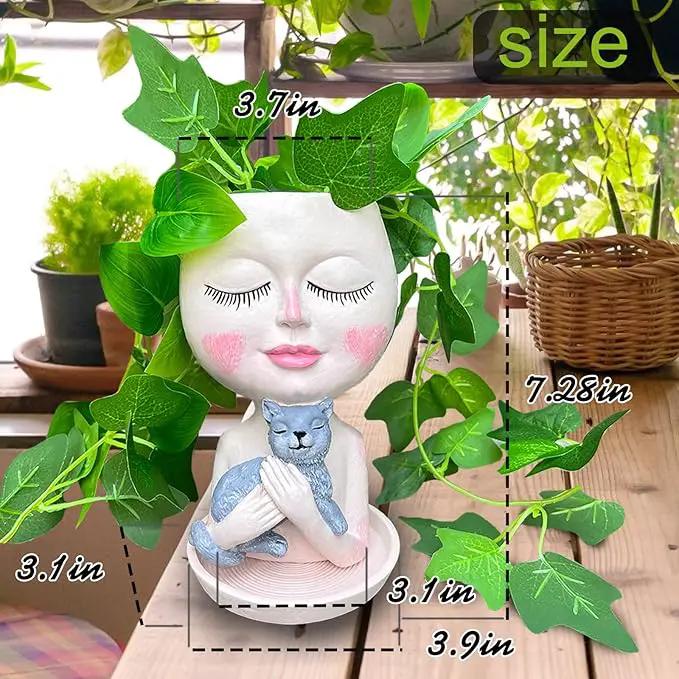 Head Planter with Drainage Hole, Resin Art Vase, Cute Lady Hugging Cat Succulent Flower Pots, Unique for Indoor Outdoor Decor, 7.28in by GreenHaven Gardens