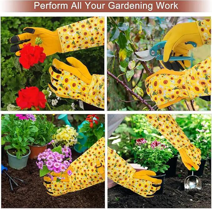 DLY Gardening Gloves for Women, Rose Gloves Gardening Thorn Proof, Long Garden Gloves for Women, Breathable Cowhide Leather Gauntlet (X-Large, Yellow by GreenHaven Gardens