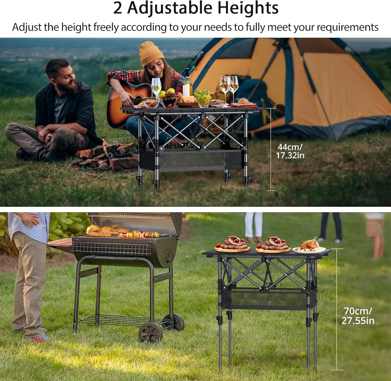 Folding Camping Table, Aluminum Roll Up Camping Table Adjustable Height with Storage Net and Bag, Lightweight Outdoor Table 25” X 16”, for Outdoor Travel BBQ Party Picnic, Black by GreenHaven Gardens