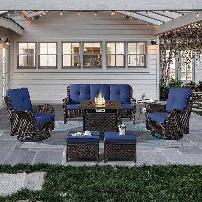 Outdoor Patio Furniture Set with Propane Fire Pit Table, 7 Pieces Wicker Patio Conversation Set with 2 Swivel Glider Rocker Chairs Rattan Sofa Blue Cushion Perfect for Casual Gathering by GreenHaven Gardens