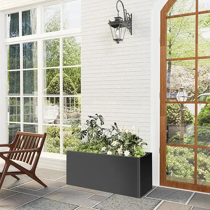 Long Metal Cube Planter for Outdoor Plants 15" W x 38" L x 16.25" H, Heavy Duty Steel Rectangular Planter Box with Removable Insert Shelf, Modern Décor for Outside, Indoor, Garden (Black) by GreenHaven Gardens