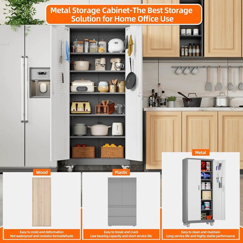 Aobabo 71" H x 32" W x 16" D Metal Storage Cabinet with Wheels, Garage Steel Storage Cabinet with 5 Adjustable Shelves and 4 Hooks for Home Office School, Assembly Required, Grey White by GreenHaven Gardens