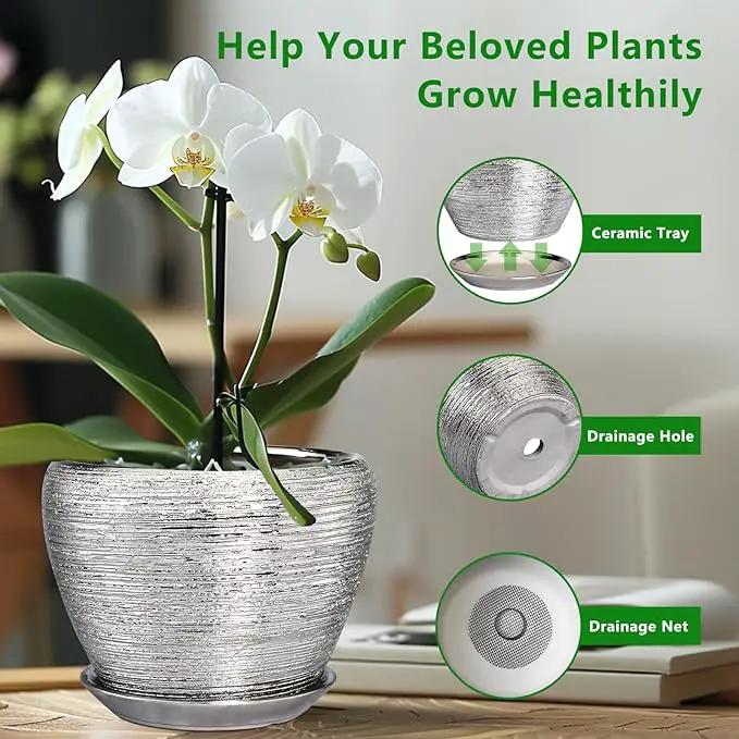 Flower Pot - 10 Inch Planter with Drainage Hole and Saucer - Indoor/Outdoor Decorative Mid-Century Planter - Silver by GreenHaven Gardens