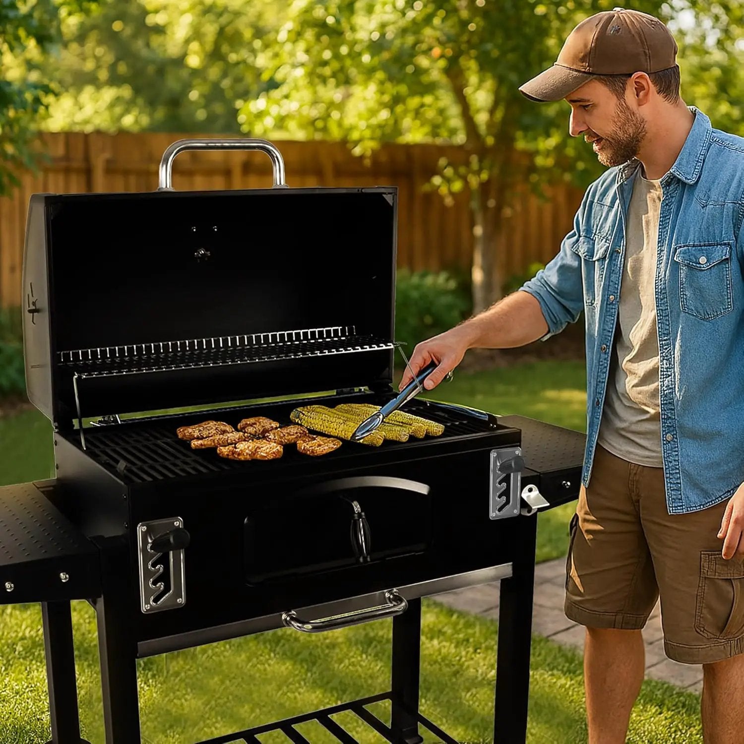 Grill Boss Charcoal Grill with Large 32-Inch Cooking Area - Includes Warming Rack, Side Shelves, Bottom Storage and Wheels for Outdoor BBQ, Tailgating, Camping & Backyard Grilling by GreenHaven Gardens