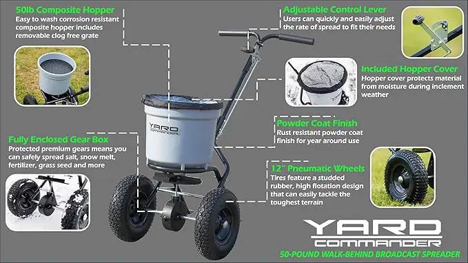 Yard Commander - Commercial 50 LB Walk-Behind Push Broadcast Spreader - 10-12 Foot Spread - Fertilizer, Salt & Grass Seed - Clog Free Design - Fully Enclosed Gear Box - Adjustable Drop Rate by GreenHaven Gardens