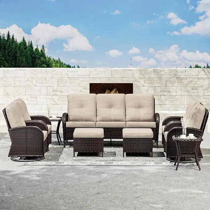 Joyside 9 Piece Patio Furniture Set, Outdoor Wicker Conversation Sets with Swivel Rocker Chairs and Sofa, Thick Cushion, Rattan Patio Sectional for Porch, Deck Use (Brown/Beige, 9 PCS) by GreenHaven Gardens