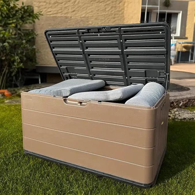 100 Gallon Plus Resin Deck Box, Waterproof Outdoor Storage Bin for Patio Furniture, Pool Accessories, and Garden Tools, Lockable & UV-Resistant, Brown by GreenHaven Gardens