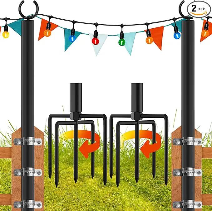 LAND·VOI 2 Pack String Light Poles, 9FT Heavy Duty Metal Light Poles for Outside String Lights, Outdoor Light Poles with 5 Prong Fork, Lighting Stand for Patio, Backyard, Garden, Deck, Black FLP12B by GreenHaven Gardens
