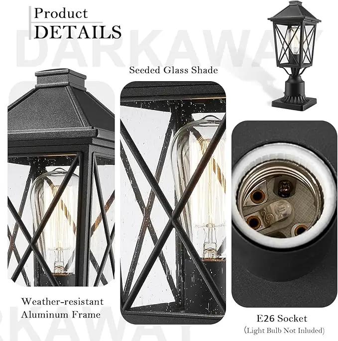 Darkaway Outdoor Post Lights, Aluminum Exterior Post Lantern Light Fixture with Seeded Glass, E26 Socket Fence Pole Deck Lighting for Garden Patio Pathway by GreenHaven Gardens