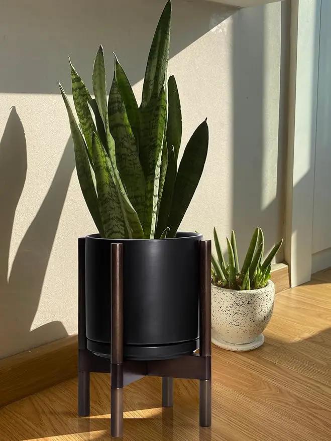 D'vine Dev Ceramic Planter with Walnut Color Stand - 10 Inch Modern Round Flower Pot with Wood Planter Holder, Black, 55-B-X-2 by GreenHaven Gardens