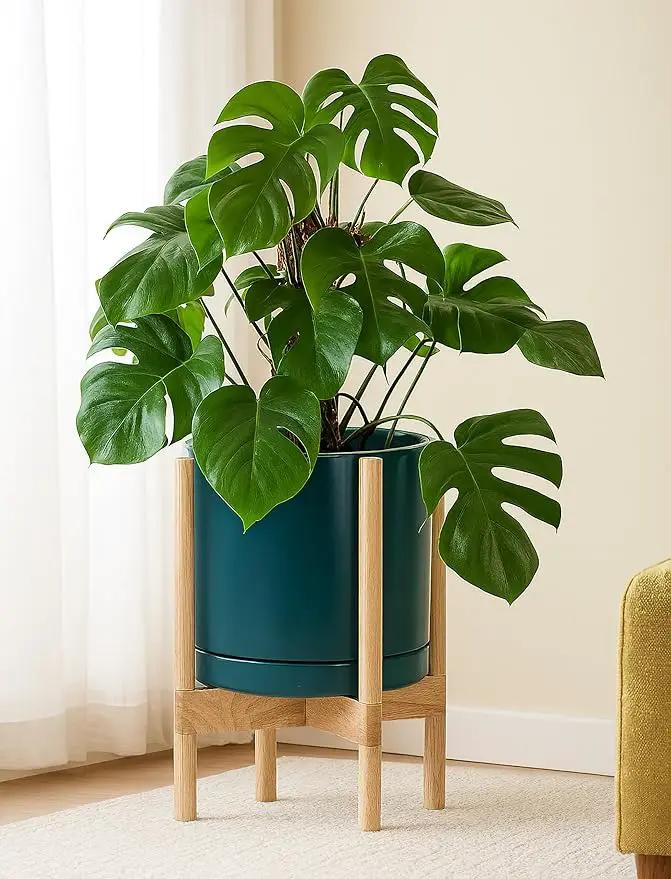 D'vine Dev Ceramic Planter with Natural Stand - 12 Inch Modern Round Flower Pot with Wood Planter Holder, Teal, 55-B-J-4 by GreenHaven Gardens
