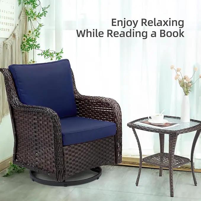 Towallmark Outdoor Swivel Wicker Glider Patio Chairs with Table Set, 3 Pieces Outdoor Bistro Set with 4”Thick Cushions and Coffee Table for Porch, Balcony, Deck (Blue) by GreenHaven Gardens