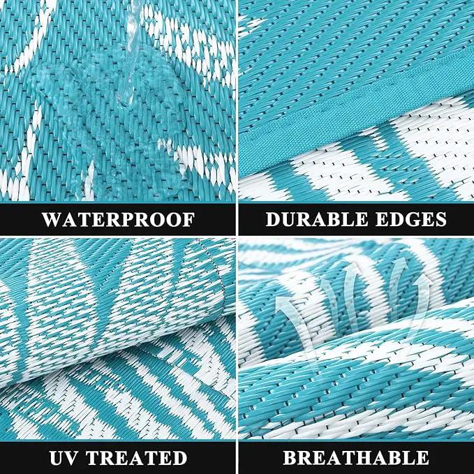 Pauwer Waterproof Outdoor Rug 9x12, Reversible Plastic Straw Patio Camping Rug, Indoor Outdoor RV Mat Carpet for Deck, Camper, Porch, Balcony, Backyard, Picnic, Leaf Teal by GreenHaven Gardens