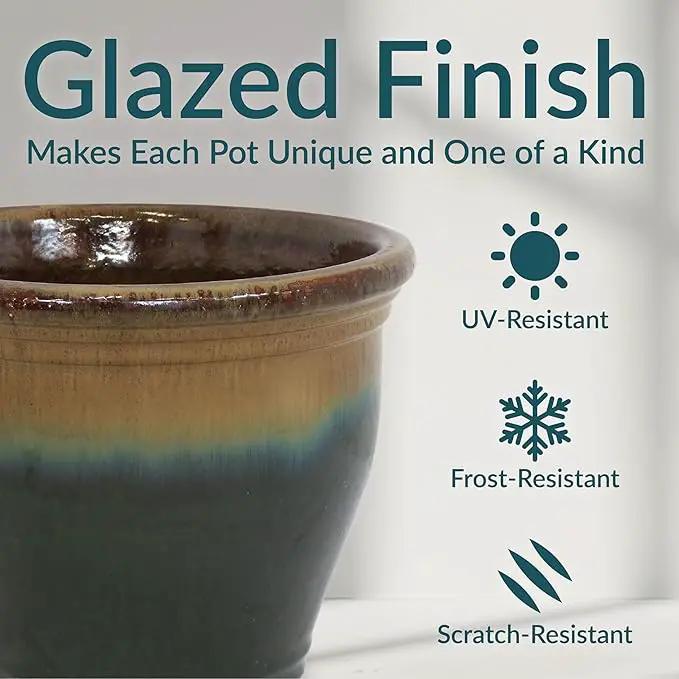 Sunnydaze Studio Large Ceramic Plant Pot - Round Outdoor Glazed Ceramic Planter Pot with Drainage - Forest Lake Green - 14.5" by GreenHaven Gardens