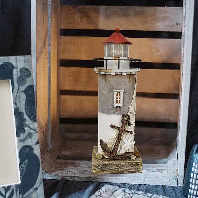Wooden Lighthouse With Light - Rustic Nautical Ocean Sea Beach Themed Decoration, Handcrafted Tabletop Home and Bathroom Decor (11.4"H) by GreenHaven Gardens