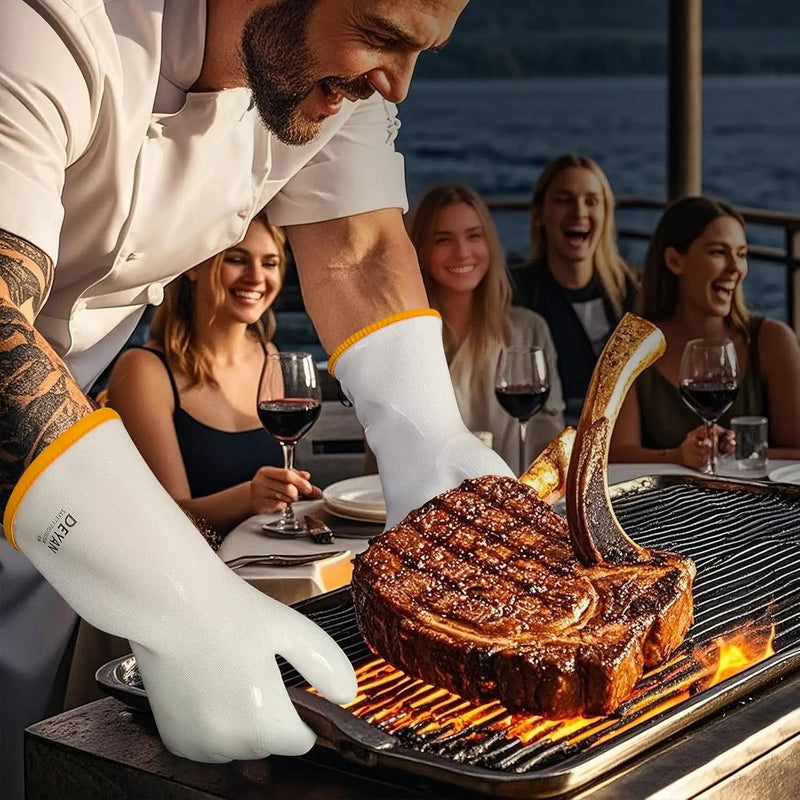 DEYAN Silicone BBQ & Oven Gloves - Food Grade, Heat Resistant Waterproof & Oil Proof Gloves for Grilling, Baking, Frying, Cooking - Long Sleeve & Non-Slip, 1 Pair (White, 9/L) by GreenHaven Gardens