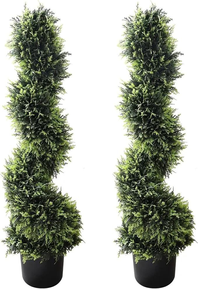 39 inchBoxwood Artificial Cedar Spiral Topiary Trees – Decorative Fake Greenery in Planter Pots for Front Porch, Outdoor Walkway, Entryway Decorating, Set of 2 by GreenHaven Gardens