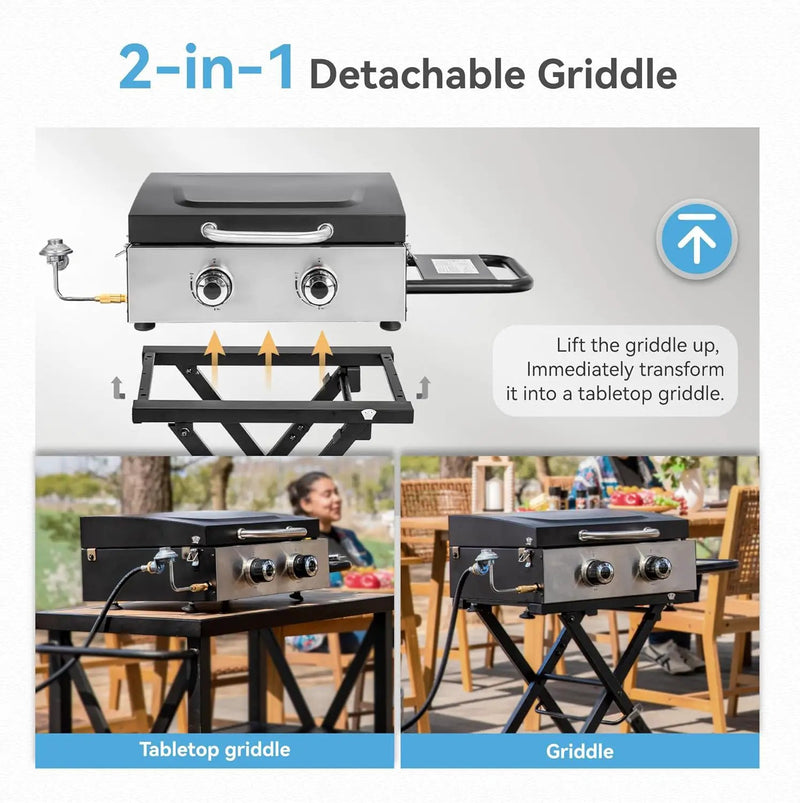 GREEN PARTY 2 Burner BBQ Propane Gas Griddle with Collapsible Stand, 18 Inch Portable Griddle with Side Table & 253 Sq. In. Cooking Area, Flat Top Gas Grill for Outdoor Cooking Garden Patio Backyard by GreenHaven Gardens