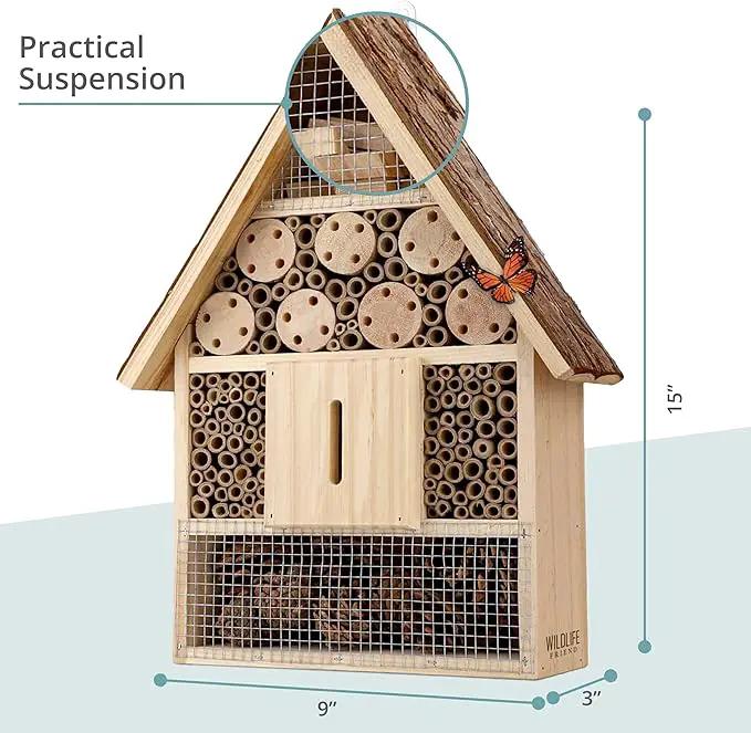 I Large Insect Hotel with bark roof Natural, Weatherproof, Insect House Made of Natural Wood for Bees, Ladybugs, lacewings, Butterflies, bee Hotel, Nesting aid for Hanging by GreenHaven Gardens