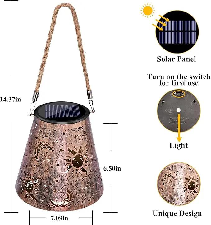 Toodour Solar Lantern Outdoor, Upgrade Hanging Solar Lights Garden Decor, Waterproof Hollow Out Retro Metal Sun & Moon Decorative Lights for Patio, Balcony, Yard, Walkway by GreenHaven Gardens
