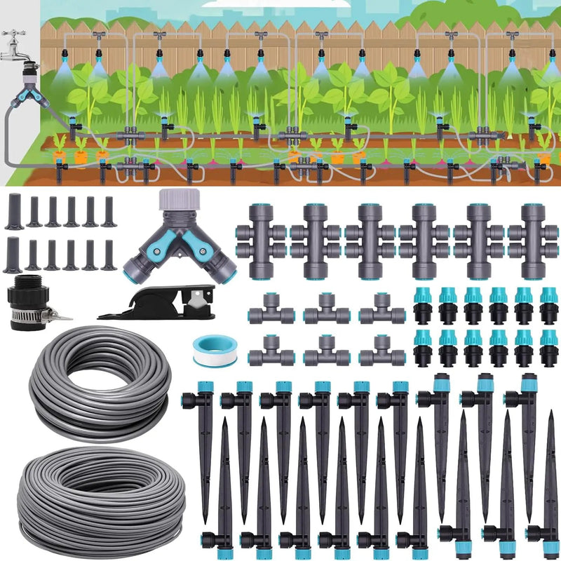 230FT Drip Irrigation System, Quick-Connect Automatic Garden Watering Misting System, with 1/2 inch and 1/4 inch Distribution Tubing, Drip Irrigation Kit for Lawn, Greenhouse, Patio by GreenHaven Gardens