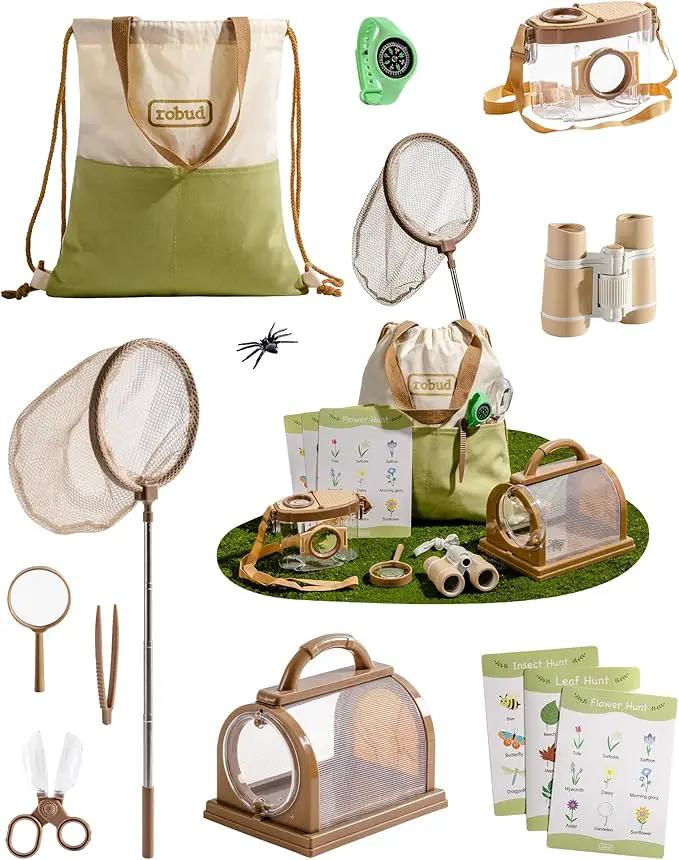 ROBUD Upgraded Kids Explorer Kit, Bug Catcher Kit with Wild Adventure Binoculars, Green Outdoor Exploration Set for Camping, Montessroi Toy for Kids Coming Closer to Nature，WRP30 by GreenHaven Gardens