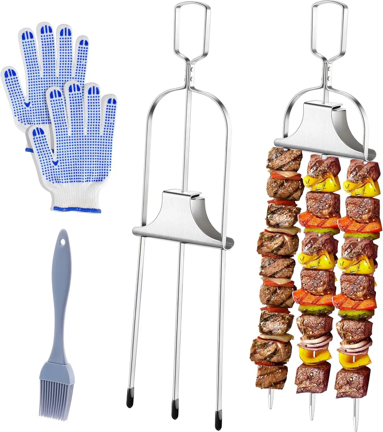 2PCS Kabob Skewers for Grilling, 14'' Stainless Steel Kebab Skewers, 3 Prong Metal Grill Skewer with Push Bar Slider, Skewer Sticks for Meat Veggies Marshmallows Fruits, BBQ Barbecue Accessories by GreenHaven Gardens