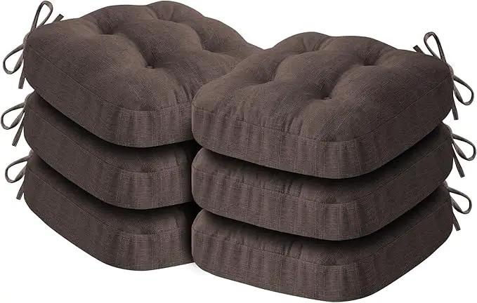 Chair Cushions for Dining Chairs, Dining Chair Cushions, Tufted Indoor Chair Pads with Ties & Non Slip Backing, Seat Cushions for Kitchen Chairs 16.5” x 16.5” x 3.5”, Set of 6, Brown