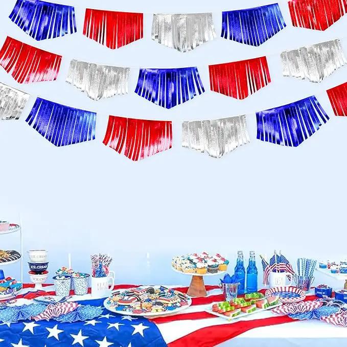 Blue Red Silver Tassel Banner Metallic Fabric Pennant Bunting Flag for 4th of July American USA National Day Patriotic Veterans Graduation Wedding Birthday Retirement Nautical Party Decorations by GreenHaven Gardens
