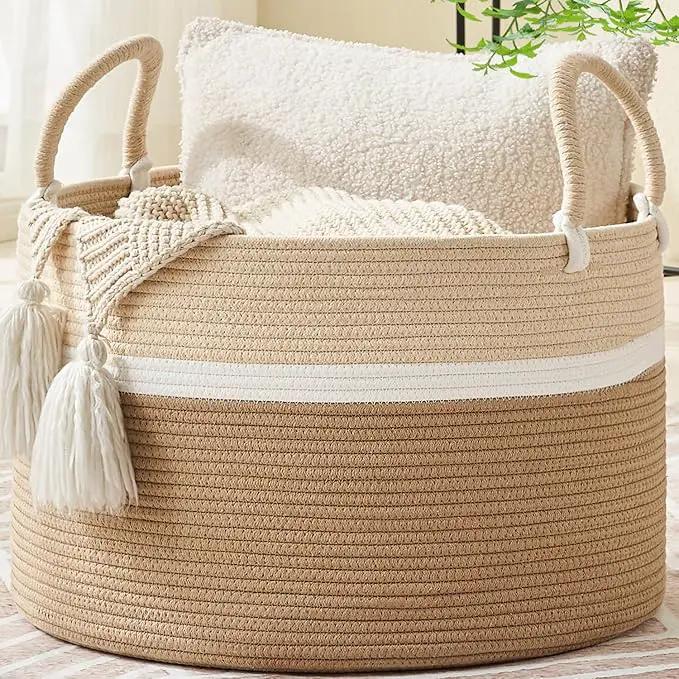 KAKAMAY Large Blanket Basket (20"x13"),Woven Baskets for storage Baby Laundry Hamper, Cotton Rope Blanket Basket for Living Room, Laundry, Nursery, Pillows, Baby Toy chest (White and Brown) by GreenHaven Gardens