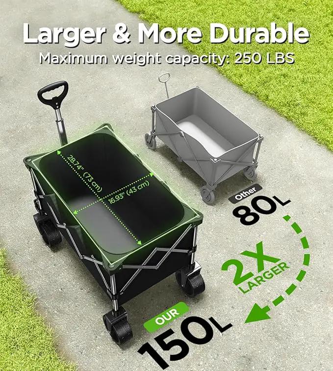 Beach Wagon,Collapsible Wagon 220lbs with Big Wheels FoldableWagon Carts,Portable Utility for Garden Grocery Sports Camping All Terrain-Black by GreenHaven Gardens