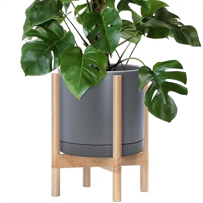 D'vine Dev Ceramic Planter with Natural Stand - 12 Inch Modern Round Flower Pot with Wood Planter Holder, Grey, 55-B-J-3 by GreenHaven Gardens