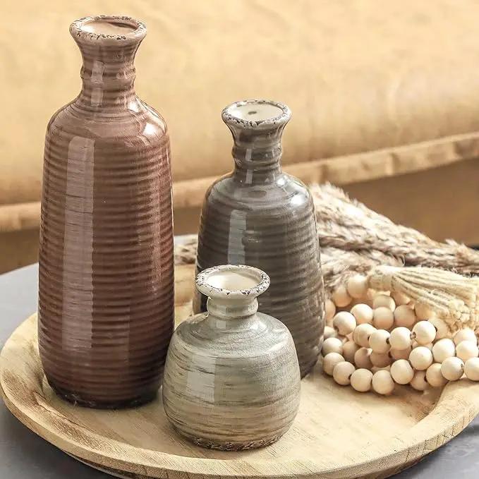 Ceramic Vases Set of 3, Neutral Rustic Farmhouse Vases Home Decor Decorative Flower Vase Modern Boho Pampass Vase for Table Mantel Entryway Shelf Living Room Kitchen Bathroom - Brown by GreenHaven Gardens