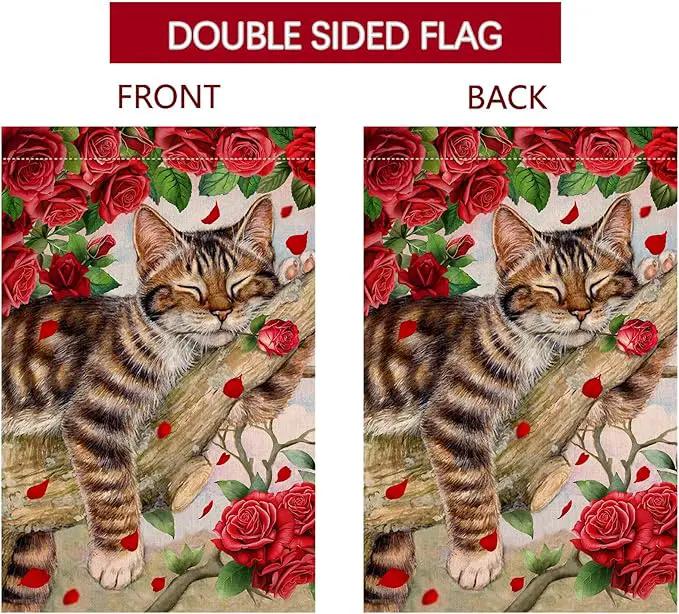 BLKWHT Valentines Cat Garden Flag 12x18 Vertical Double Sided Red Roses Spring Farmhouse Holiday Outside Decorations Burlap Yard Flag BW757 by GreenHaven Gardens