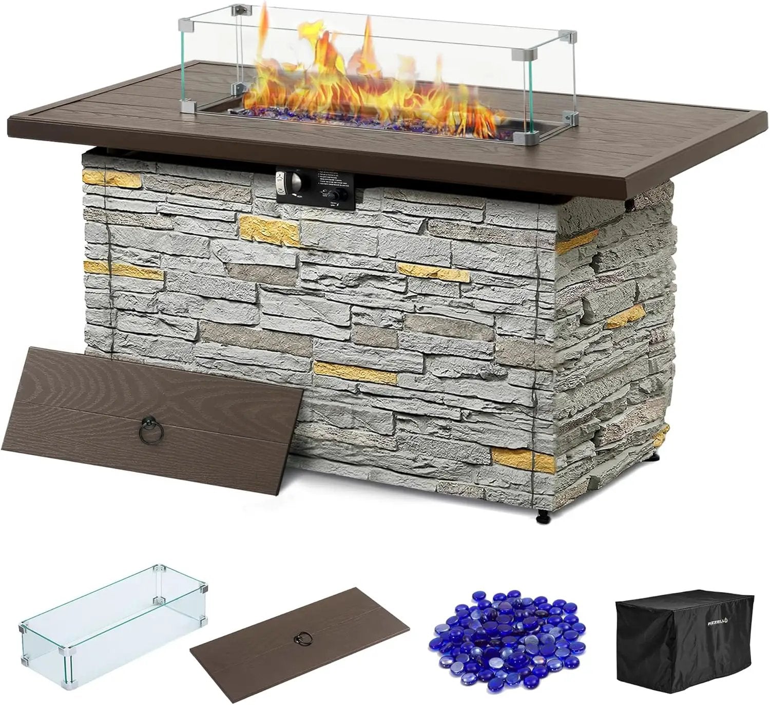 43¡± Propane Fire Pit Table Outdoor Rectangular Stone Firepit Table 50,000 Btu Propane Fire Tables for Outside Patio with Glass Wind Guard, Lid, Fire Glass Beads,Brown Rock Look by GreenHaven Gardens