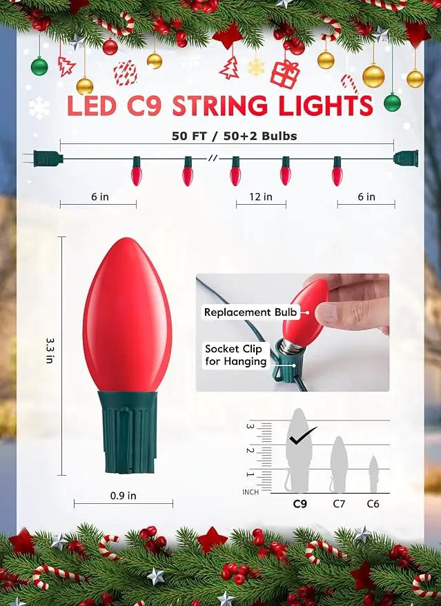 Vintage C9 LED Christmas Lights Outdoor, 50 Feet C9 String Lights with 50 Shatterproof Matte Bulbs, Connectable Waterproof Lights for Holiday Party Roofline Backyard Garden Patio, Red by GreenHaven Gardens