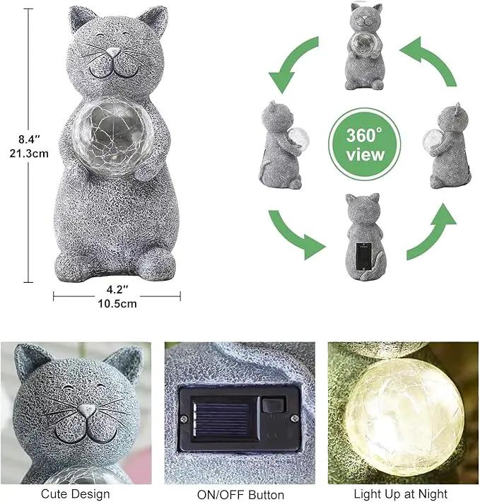 Solar Cat Statue - Garden Decor with LED Lights, Perfect for Mom or Grandma (Gray Cat) by GreenHaven Gardens