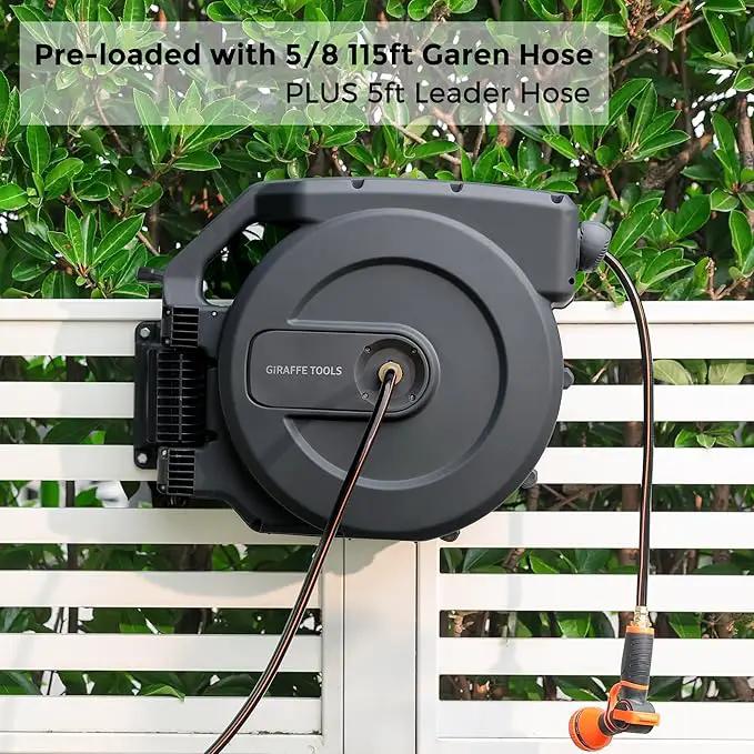 Giraffe Tools AW505/8 Retractable Garden Hose Reel 5/8" x 115+5 ft, Heavy Duty Wall Mounted Water Hose Reel Automatic Rewind, 180 Deg Swivel Bracket, Slow Retraction, 115ft, Dark Grey by GreenHaven Gardens