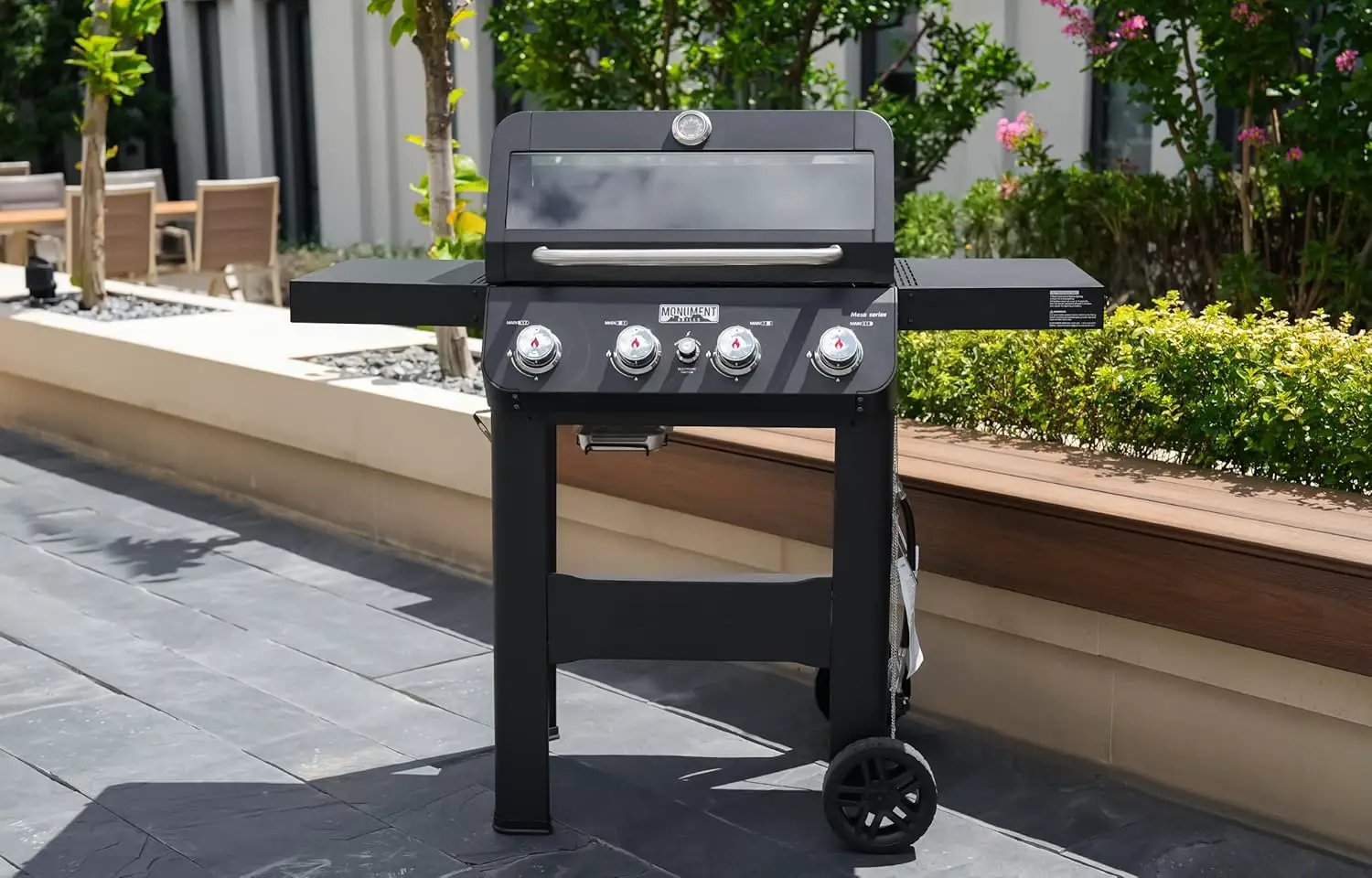 Monument Grills 4-Burner Liquid Propane Gas Grill, Matte Black Stainless Steel Burner Grill with Clearview® Lid and One Foldable Shelf for Outdoor Cooking Kitchen Patio Backyard Barbecue, Mesa420MF by GreenHaven Gardens