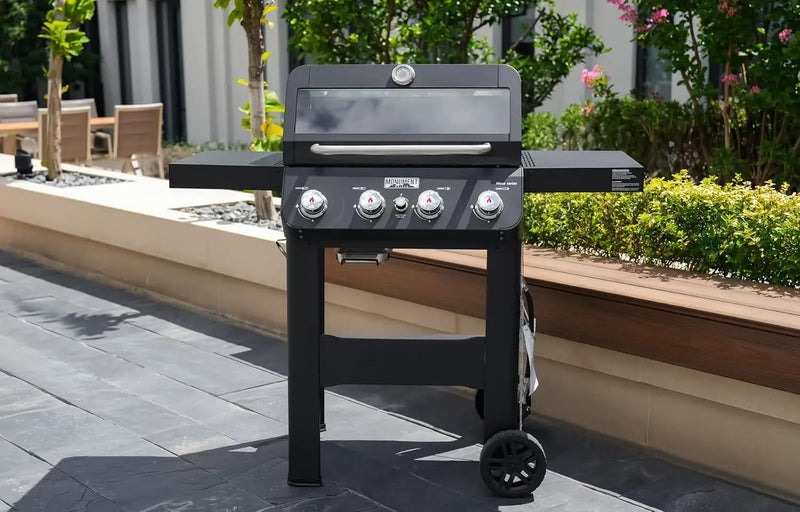 Monument Grills 4-Burner Liquid Propane Gas Grill, Matte Black Stainless Steel Burner Grill with Clearview® Lid and One Foldable Shelf for Outdoor Cooking Kitchen Patio Backyard Barbecue, Mesa420MF by GreenHaven Gardens
