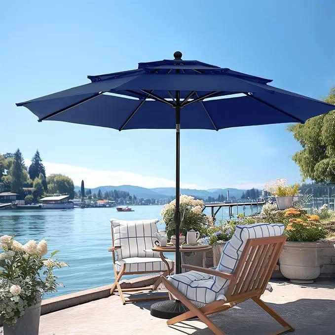 PHI VILLA 10ft Outdoor Patio Umbrellas for Outside, 3 Tier Vented Market Table Umbrella Windproof for Backyard, Deck, Garden, 1.5" Pole, Dark Blue（No Base） by GreenHaven Gardens