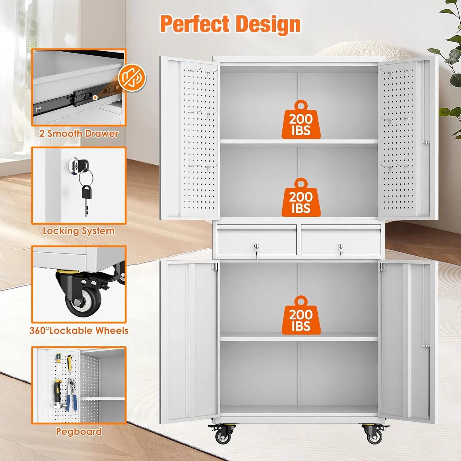 Aobabo Metal Storage Cabinet with 2 Locking Drawer and Pegboard, Steel Rolling Tool Cabinet with 8 Hooks and 2 Adjustable Shelves for Garage, Home, Office, Kitchen Assembly Required, White by GreenHaven Gardens