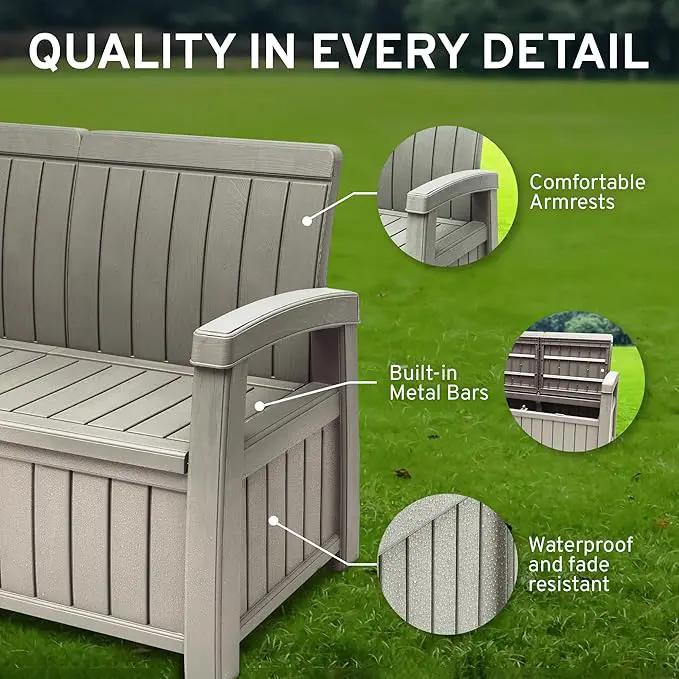 EconoHome 3 Seat Outdoor Storage Bench with Rain Cover - 90 Gallon Capacity - Weatherproof Resin Bench for Patio, Porch, Garden, Yard, Pool Area - Furniture for Pool Accessories, Gardening Tools by GreenHaven Gardens