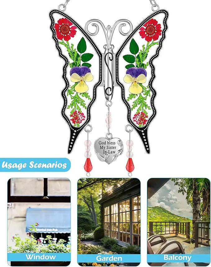 KY&BOSAM Gifts for Women God Bless My Sister in-Law Butterfly Suncatcher Sister Gifts Pressed Flower Between Wings Glass Silver Metal Charm Birthday Mother's Day Thanksgiving Christmas by GreenHaven Gardens
