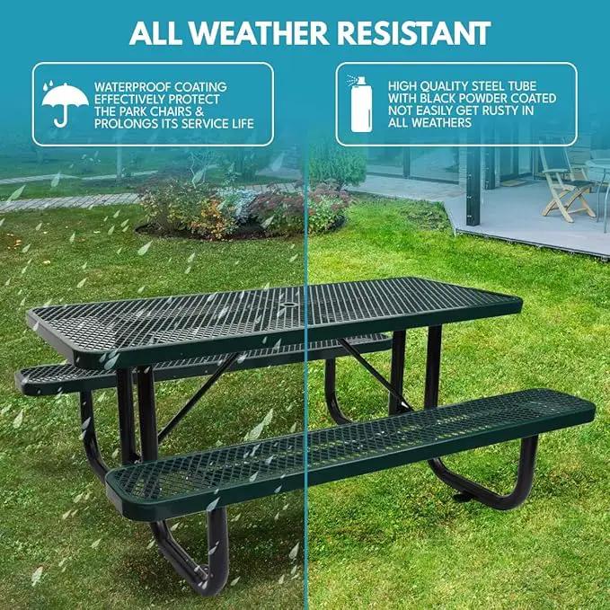 6 ft. Rectangular Outdoor Steel Picnic Table with Umbrella Pole, Heavy-Duty Weather-Resistant Dining Table for Patio, Backyard, and Garden, Rust-Resistant Finish, Green by GreenHaven Gardens