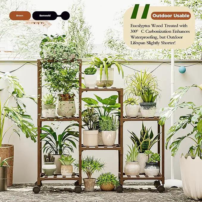 Bamworld Plant Stand with Wheels for Indoor Plants Wood Outdoor Tiered Shelf 3 Tire 7 Potted Ladder Plant Holder Table Pot Stand for Window Garden Balcony Patio Living Room (natureDL) by GreenHaven Gardens